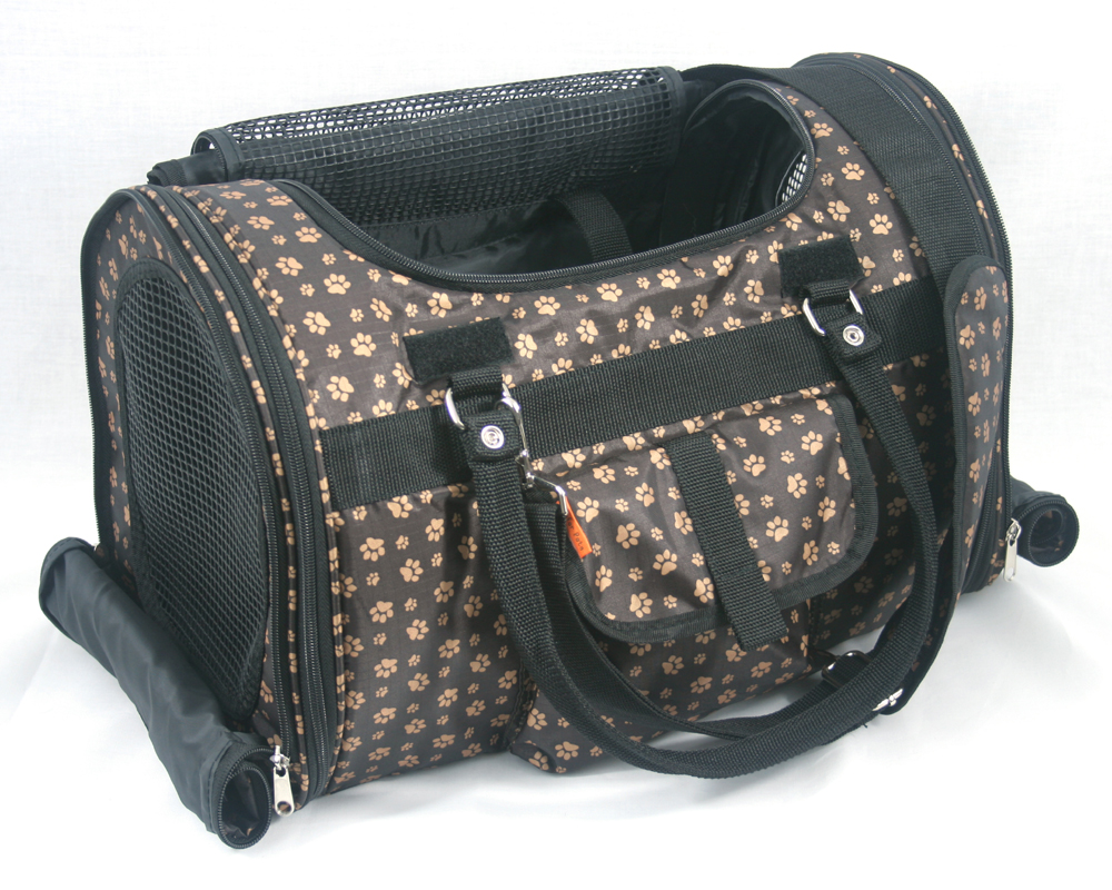 PREFER PETS: TCovered Pet Carrier Paw Print Brown Nylon